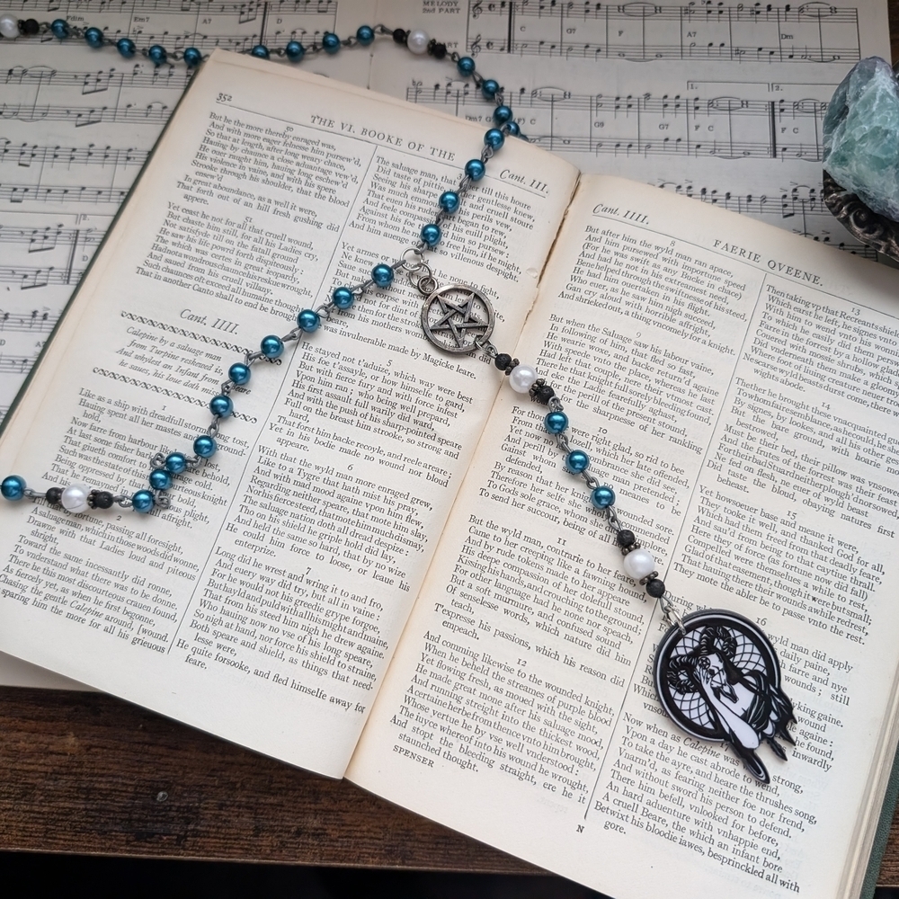 Beaded Blue Rosary Necklace with Pentacle and Hornded Goddess Charm